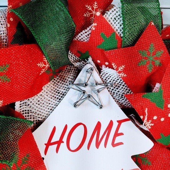 Hand Crafted Burlap Ribbon Wood Sign Home For The Holidays Christmas Wreath 22" - Picture 3 of 7